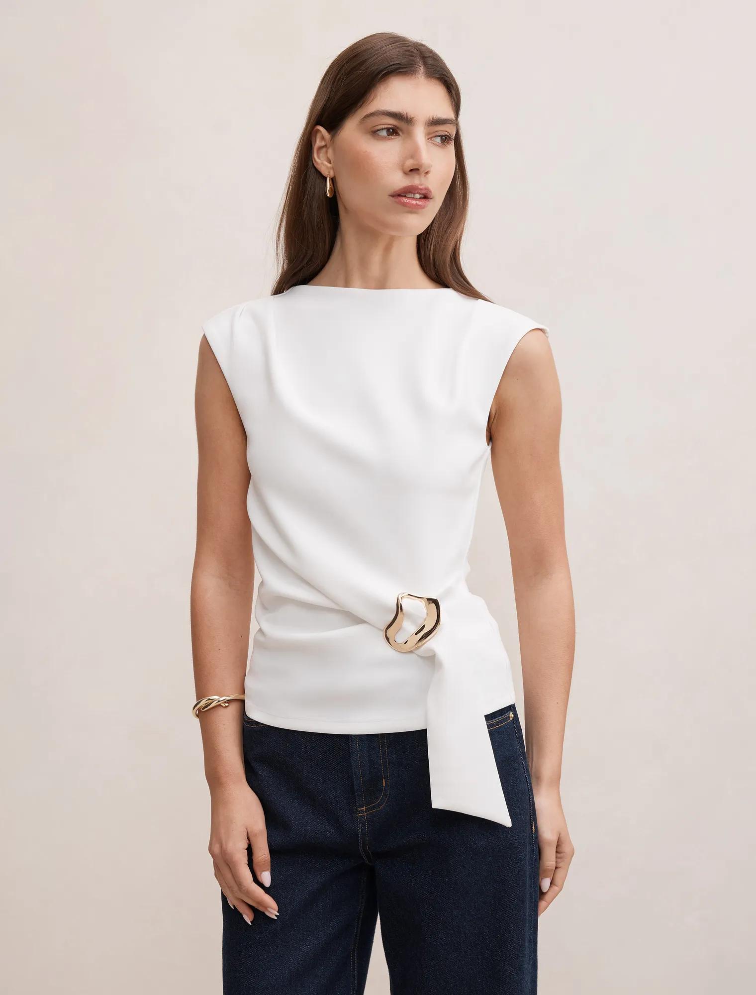 Forever New Women's Serena Hardware Detail Top in Porcelain, Size Small Recycled Polyester