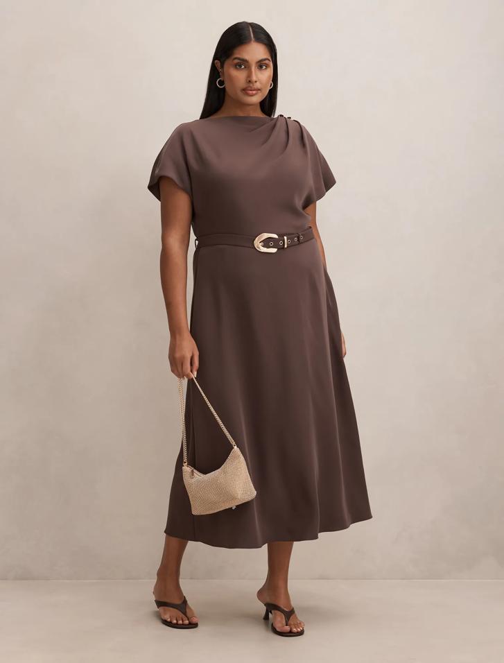 Brown Midi Dress - Kylee Curve Button Neck - Size 16 to 24 - Womens Midi  Dresses