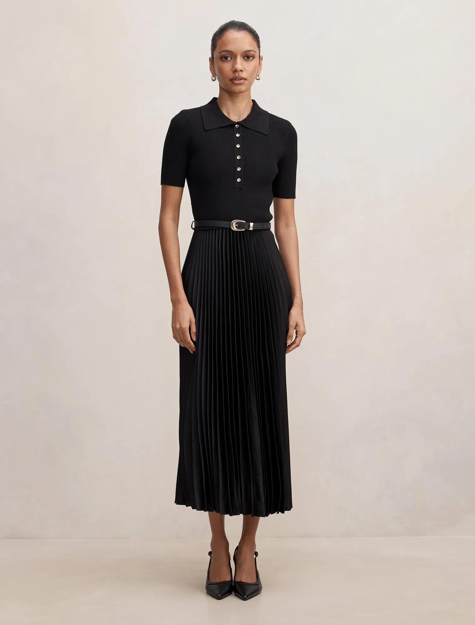 Forever New Women's Priya Petite Satin Pleat Dress in Black, Size 12 Viscose/Polyester/Polyamide