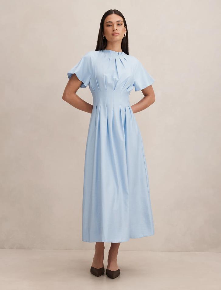 everly blue dress Everly Puff Sleeve Midi Dress-Blue main image 0