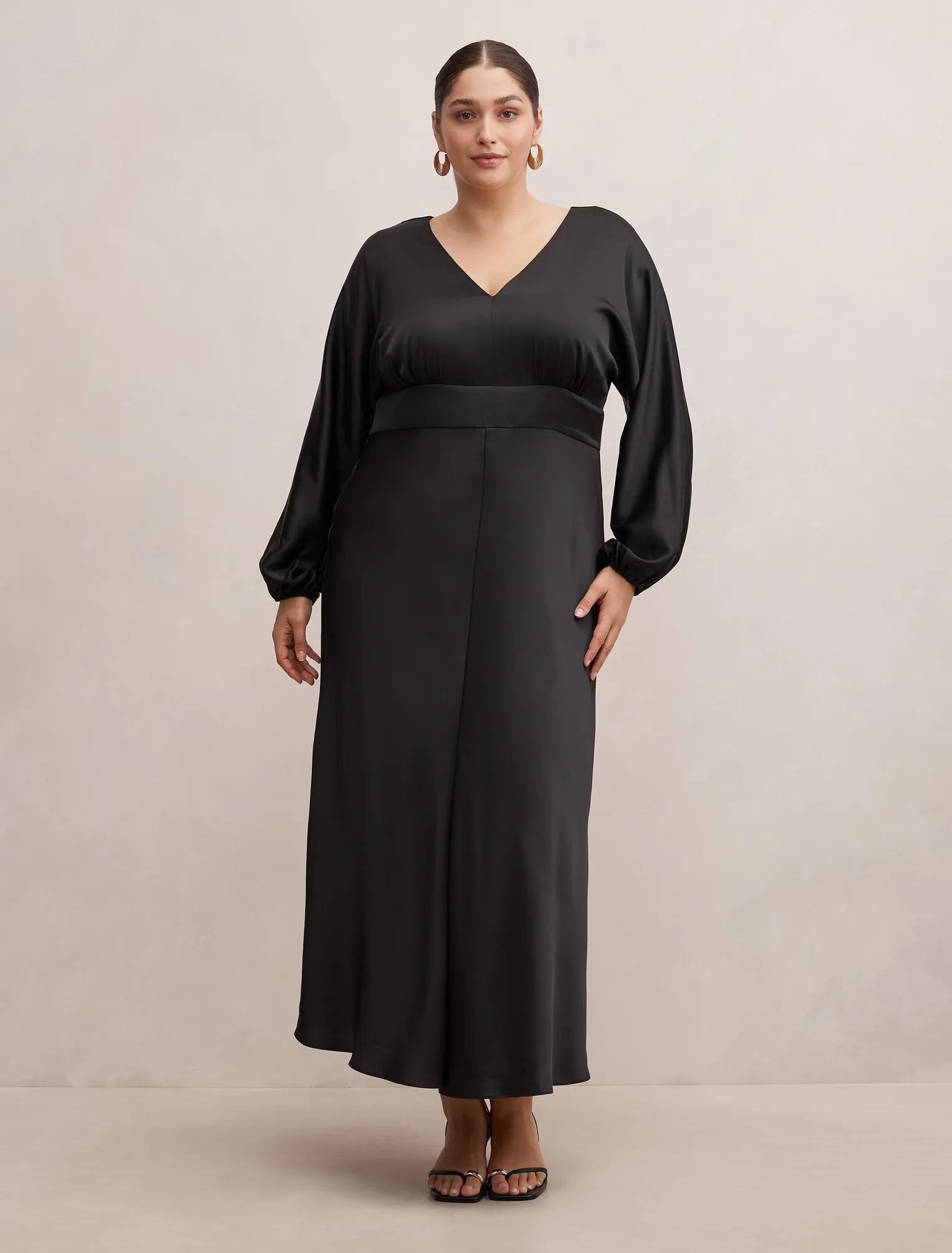 curve dream dresses Cinderella Divine Soft Satin Long Sleeve Fit Dress 7482C LA TOP DIVAS neckline and strategic slit showcase confidence Girl Of Your Dreams Gown