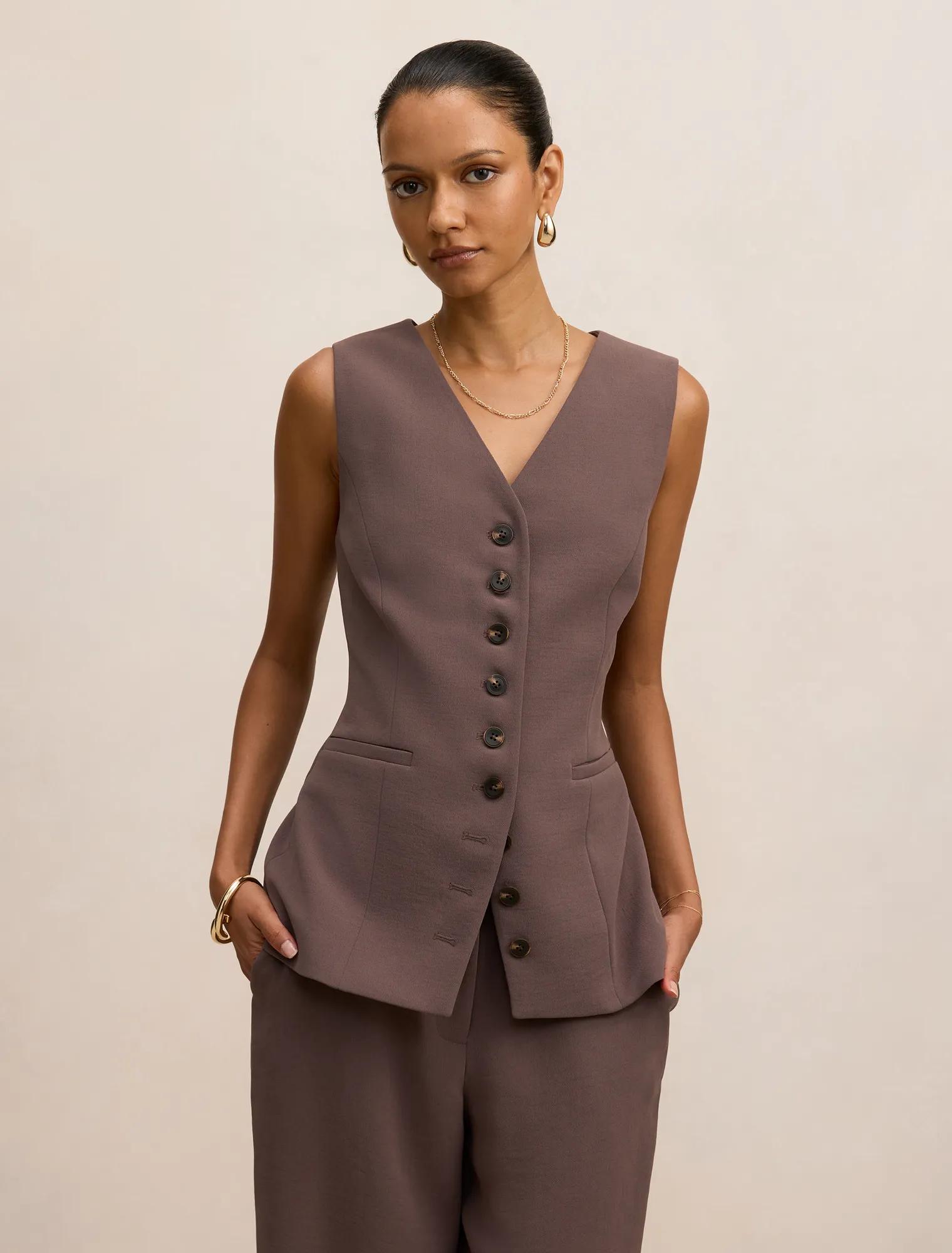 Ayla Petite Contrast Waistcoat in Brown - Size 4 to 16 - Womens Waistcoats