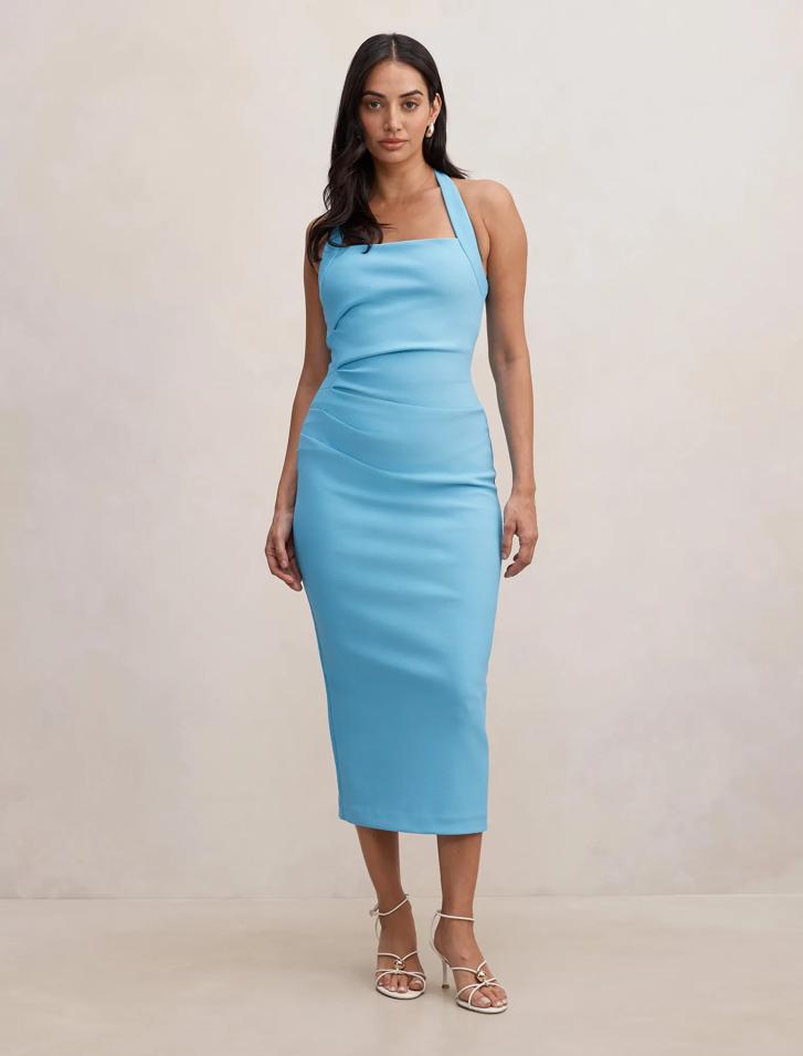 Georgie Halter Ruched Bodycon Dress in Brown - Size 4 to 16