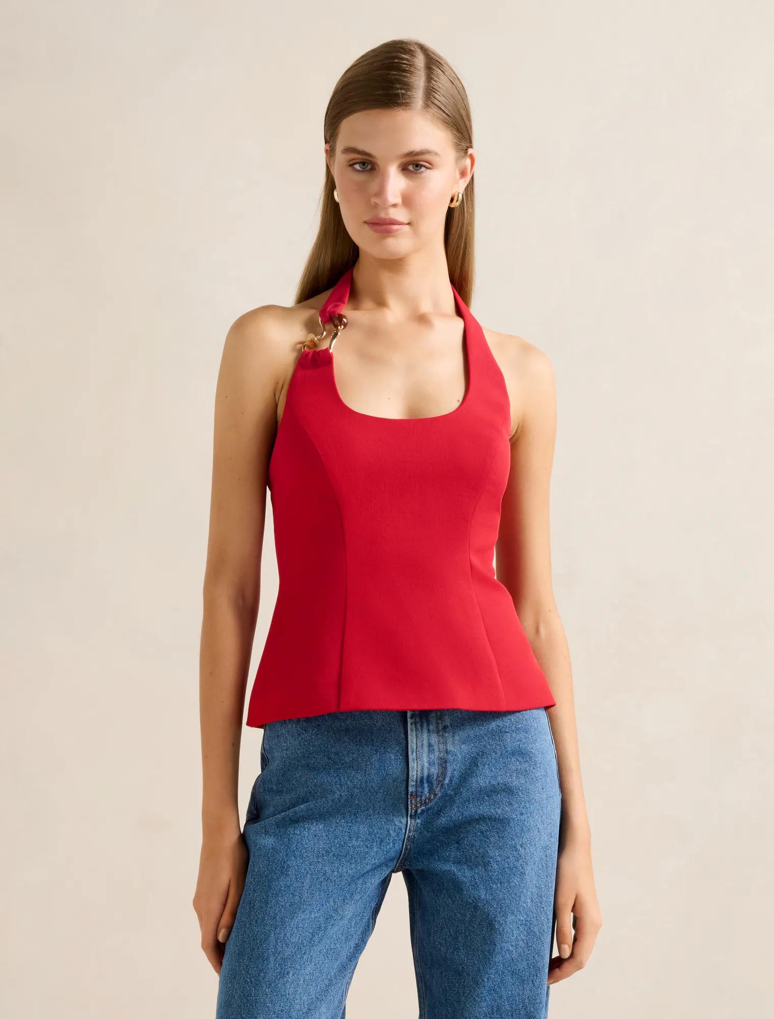 Forever New Women's Dina Hardware Detail Top in Equestrian Red, Size 12 Polyester/Viscose
