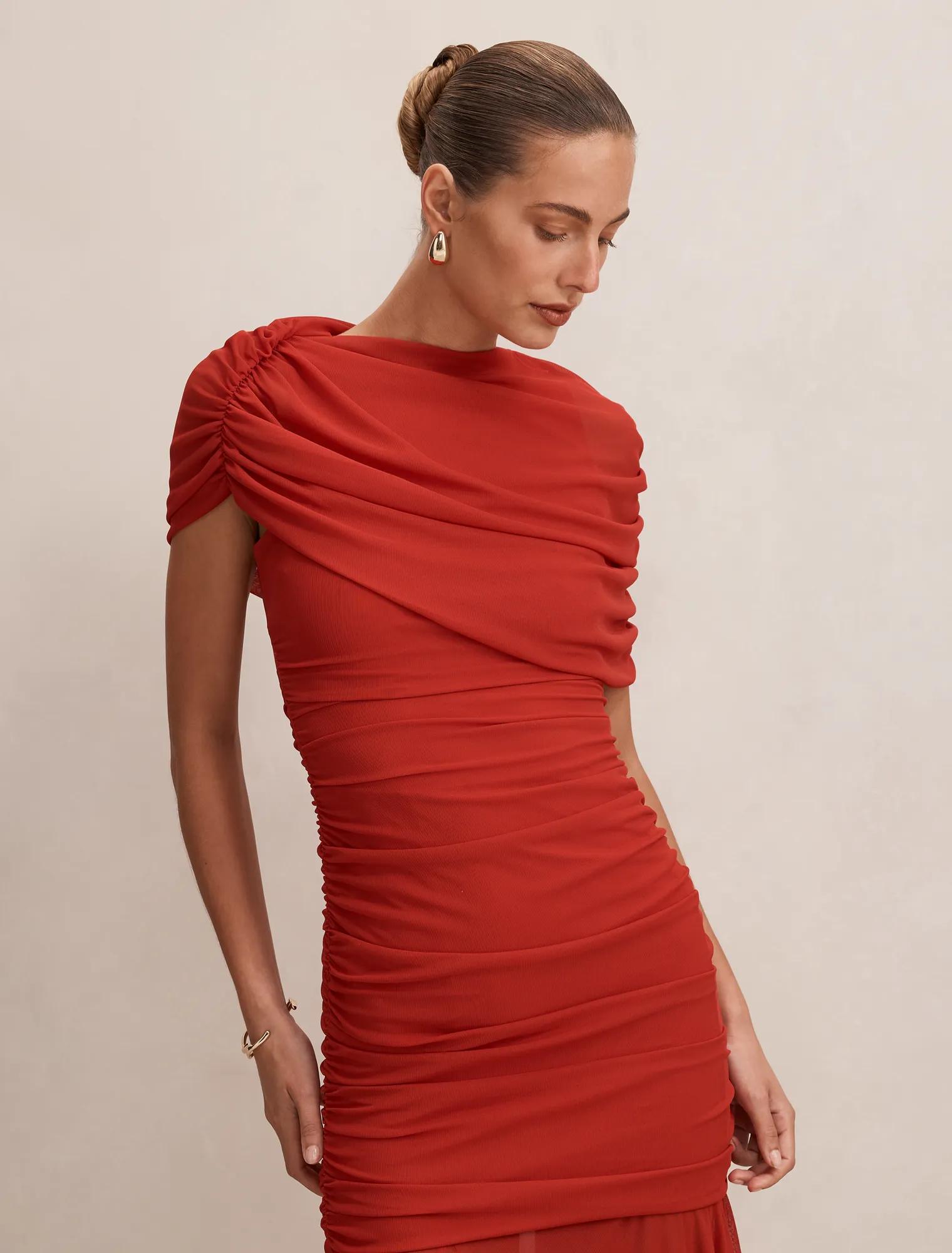 Elouise Asymmetric Cape Mesh Maxi Dress