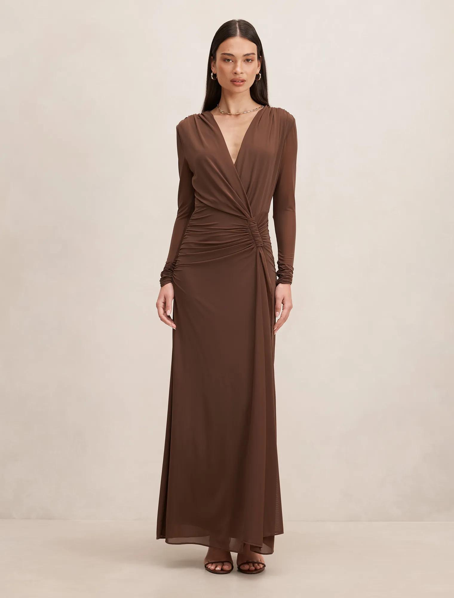 long brown dress with sleeves Sleeve Plunge V Neck Maxi hugging silhouette with a flattering waist and a maxi skirt Long Sleeve Dresses for Women