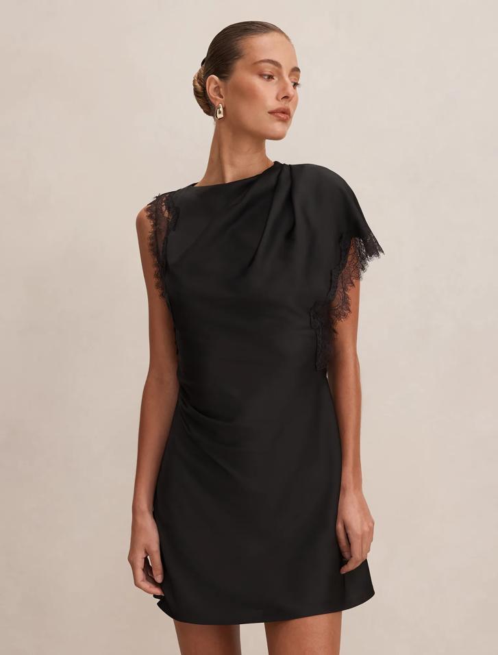 Giselle Satin Lace Asymmetric Mini Dress in Black - Size 0 to 12