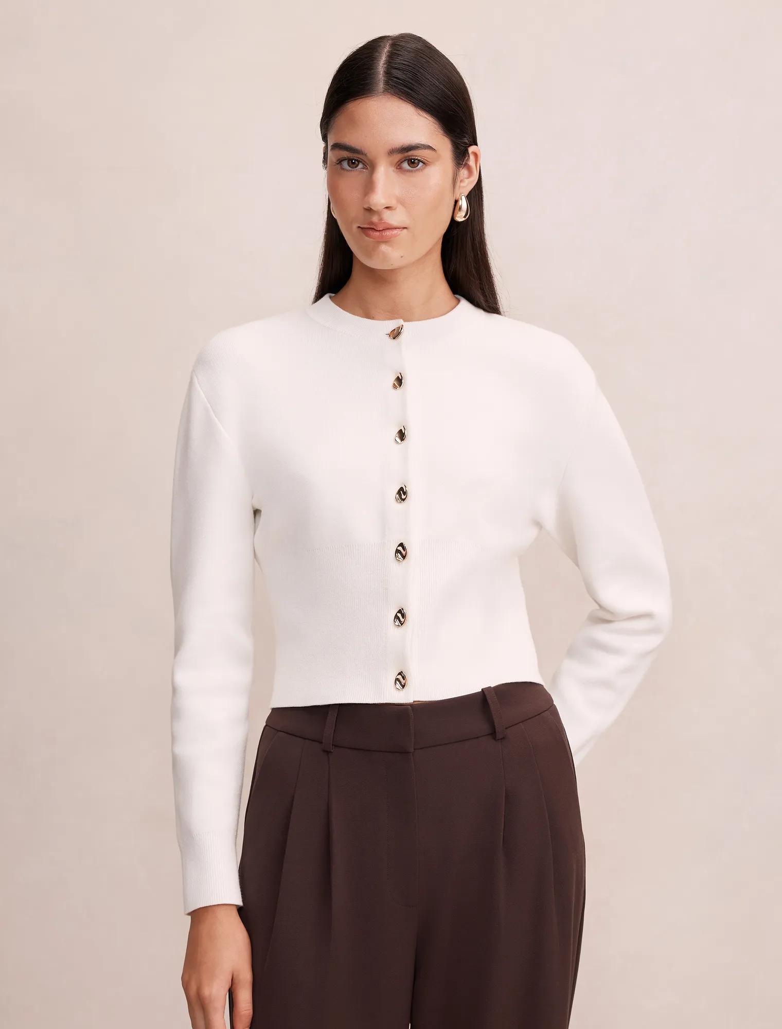 Forever New Women's Kaia Deep Hem Cardigan Sweater in Cream, Size X-Small Polyamide/Viscose/Cotton