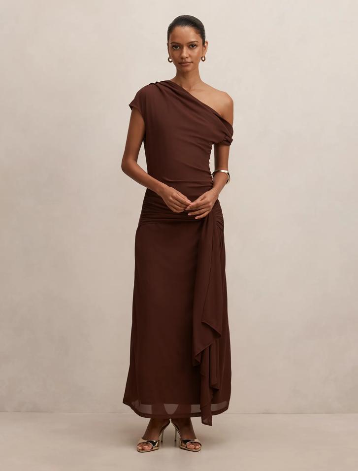 Brown Midi Dress - Piper Petite Draped Tie Mesh - Size 0 to 12 - Womens  Midi Dresses