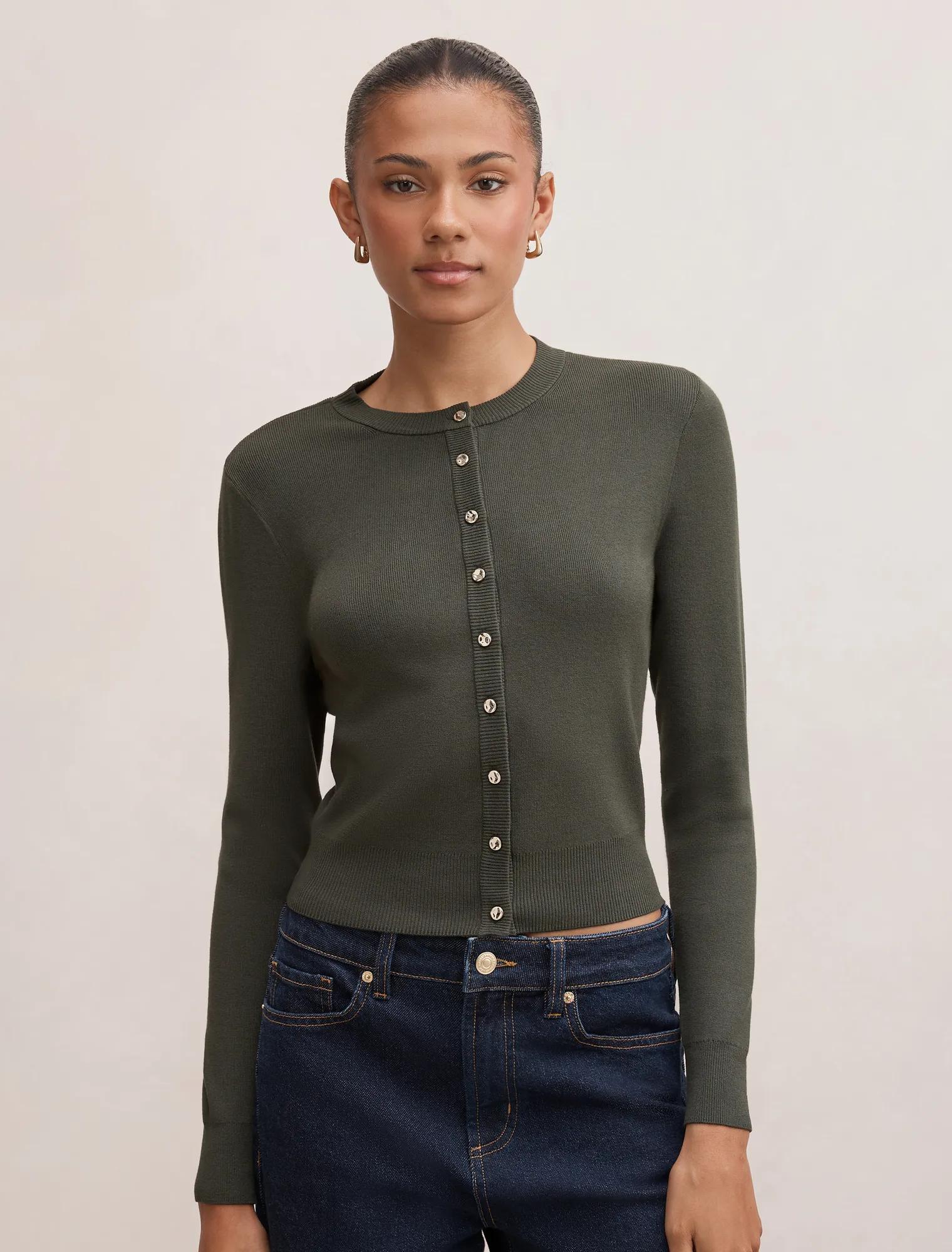 Forever New Women's Rylee Crew Neck Cardigan Sweater in Olive Green, Size X-Small Viscose/Polyester