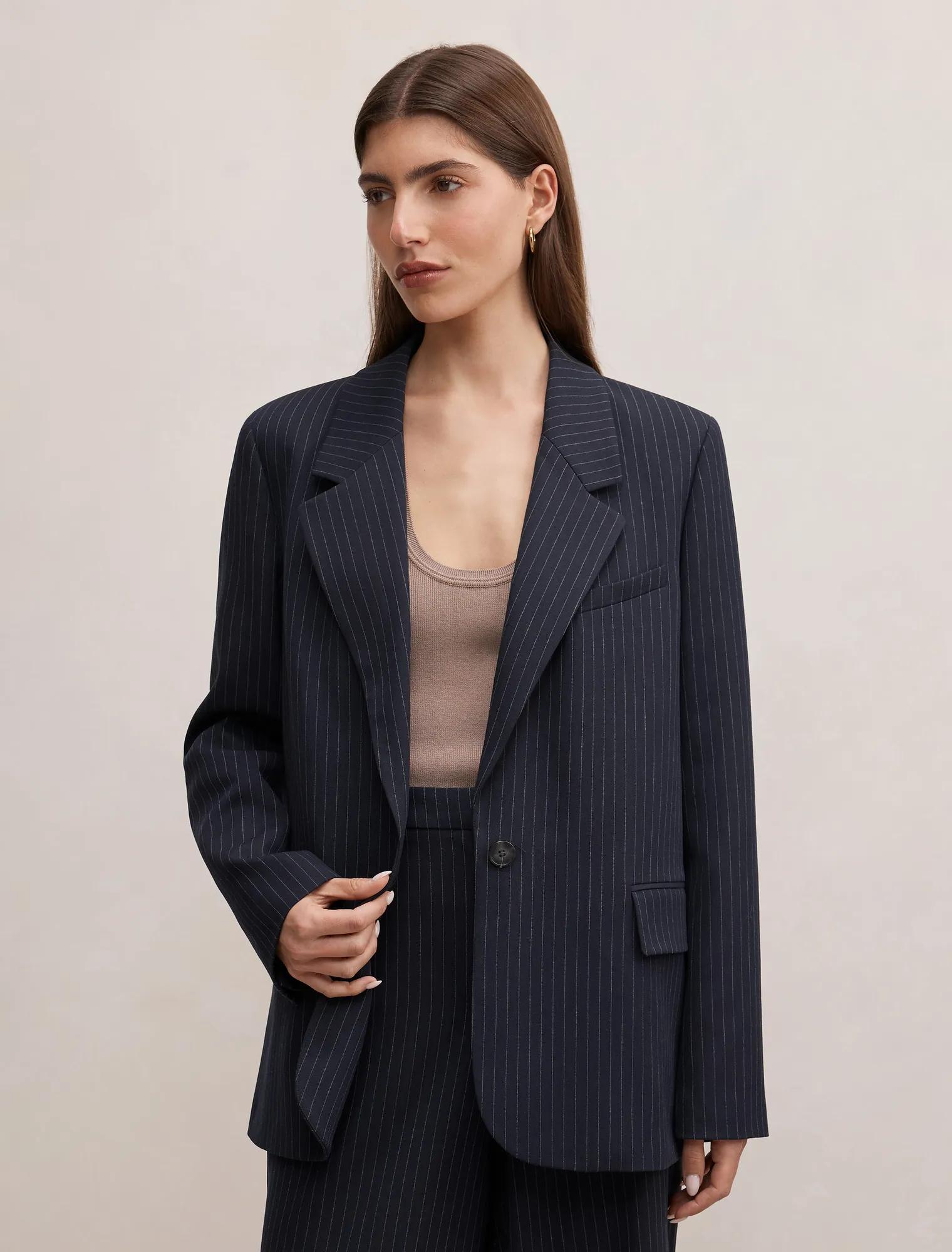 Forever New Women's Paloma Single Breasted Blazer Jacket in Navy Pinstripe Suit, Size 8 Recycled Polyester/Viscose