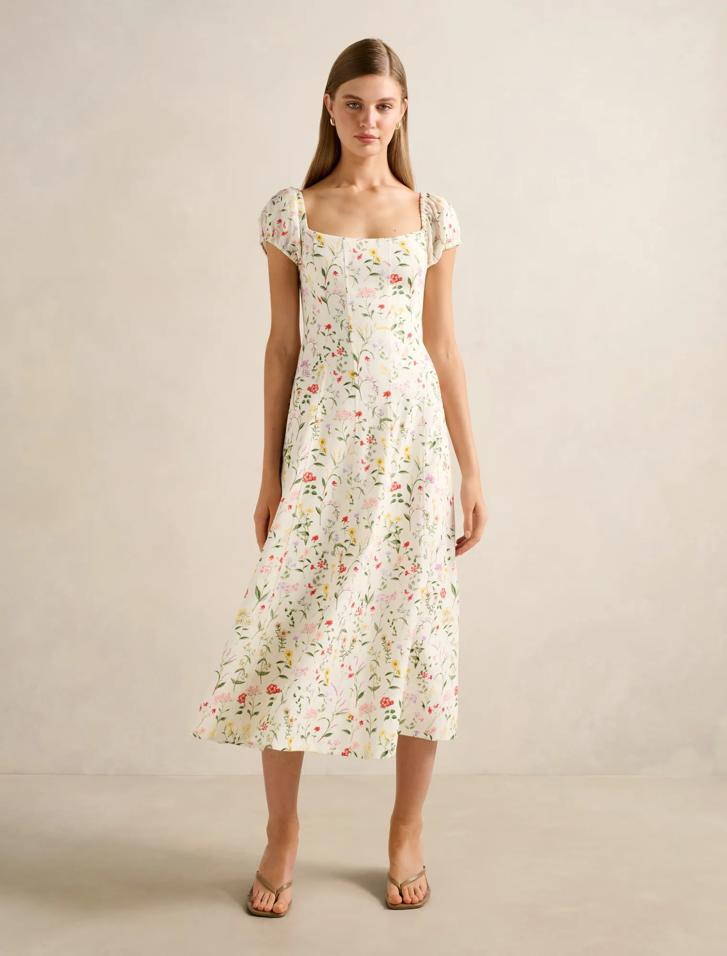 floral linen blend flare dress Boden Women's Florence Linen Blend Dress in Brown main image 1