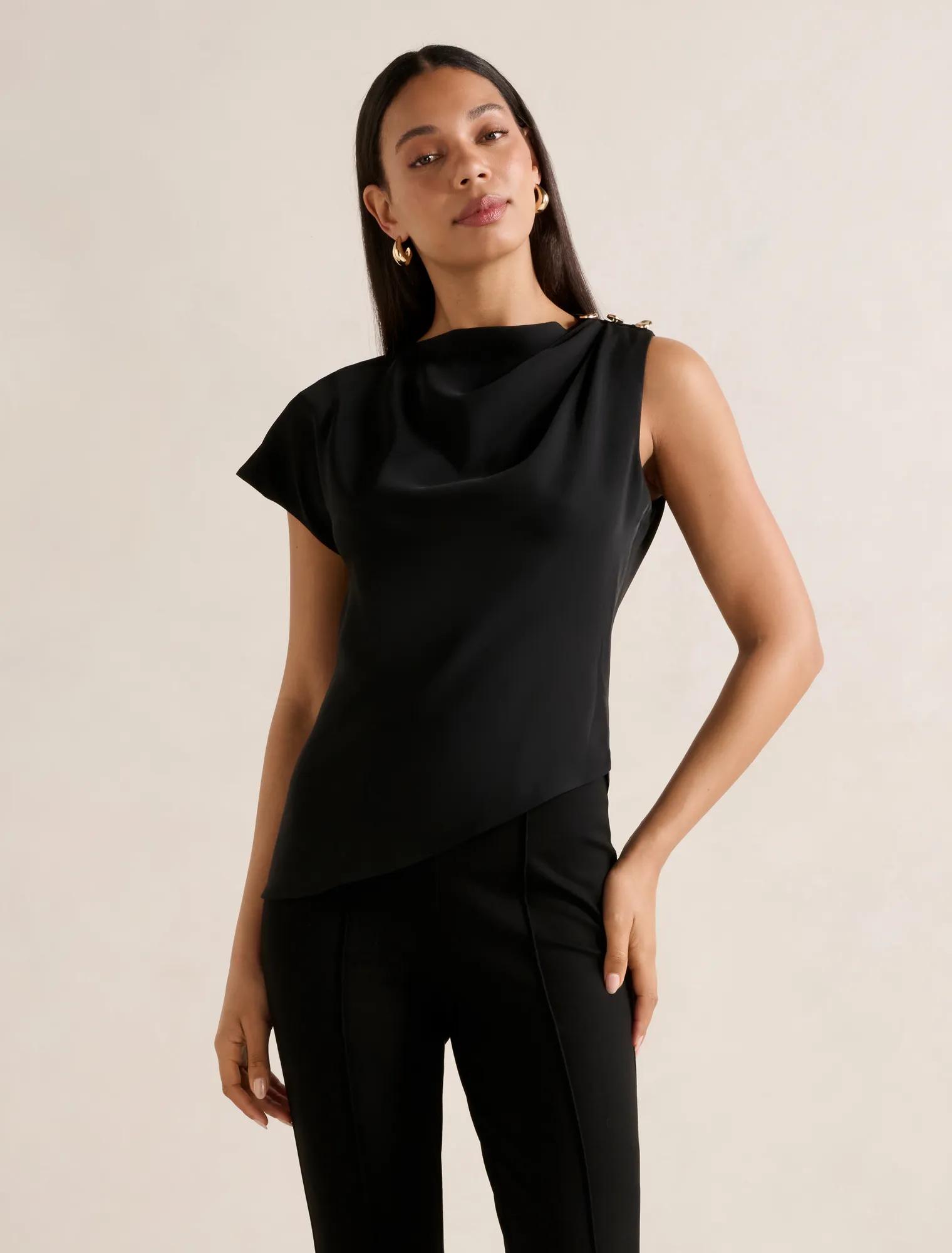 Aubery Asymmetric Draped Top in Black - Size 0 to 12 - Womens Tops