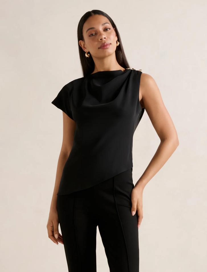 Aubery Asymmetric Draped Top in Black - Size 0 to 12 - Womens Tops