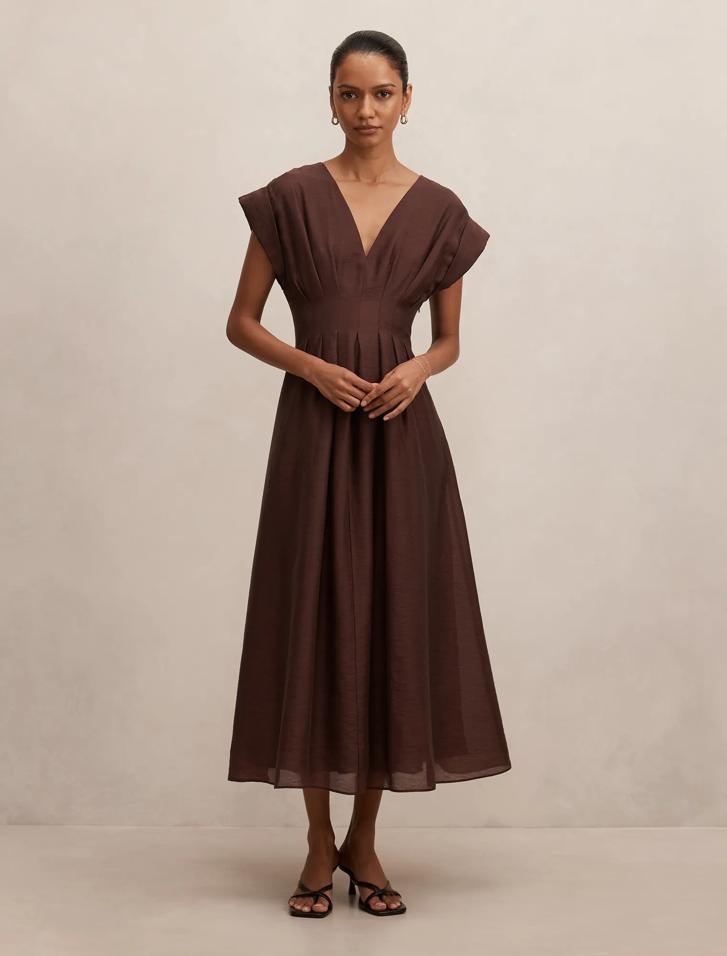 Brown Midi Dress - Alessandra Petite Tucked - Size 0 to 12 - Womens Midi  Dresses