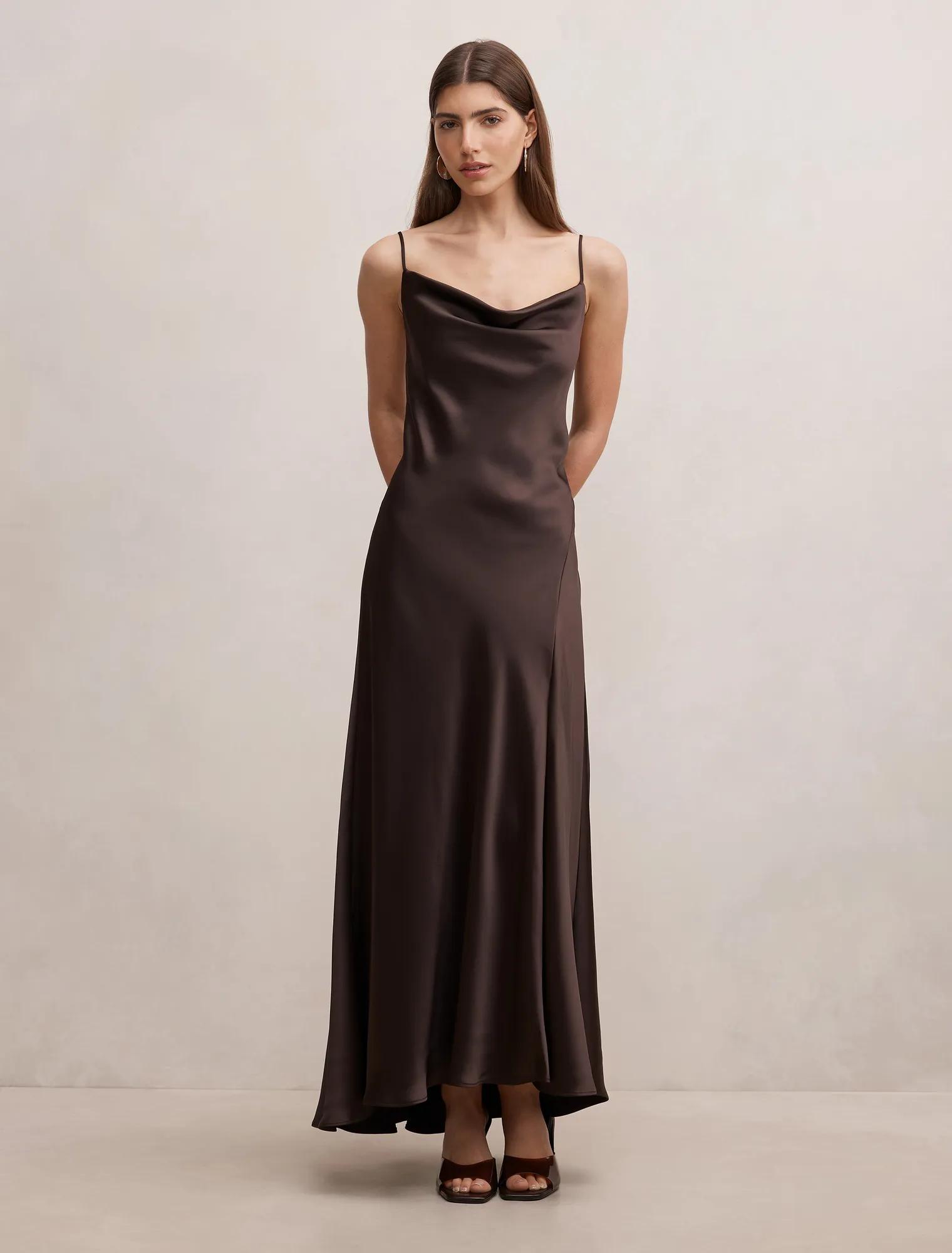 Forever New Women's Tilesha Satin Cowl Slip Maxi Dress in Warm Chocolate, Size 12 Polyester/Recycled Polyester