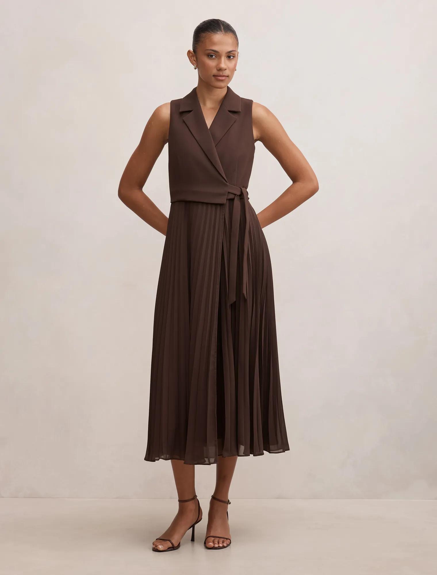 Forever New Women's Chelsea 2 in 1 Wrap Midi Dress in Chocolate Freckle, Size 8