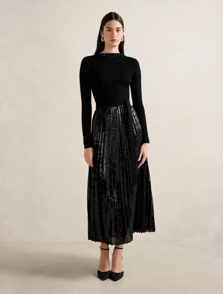 Lina Sequin Pleat Knit Dress in Black - Size 0 to 12 - Womens