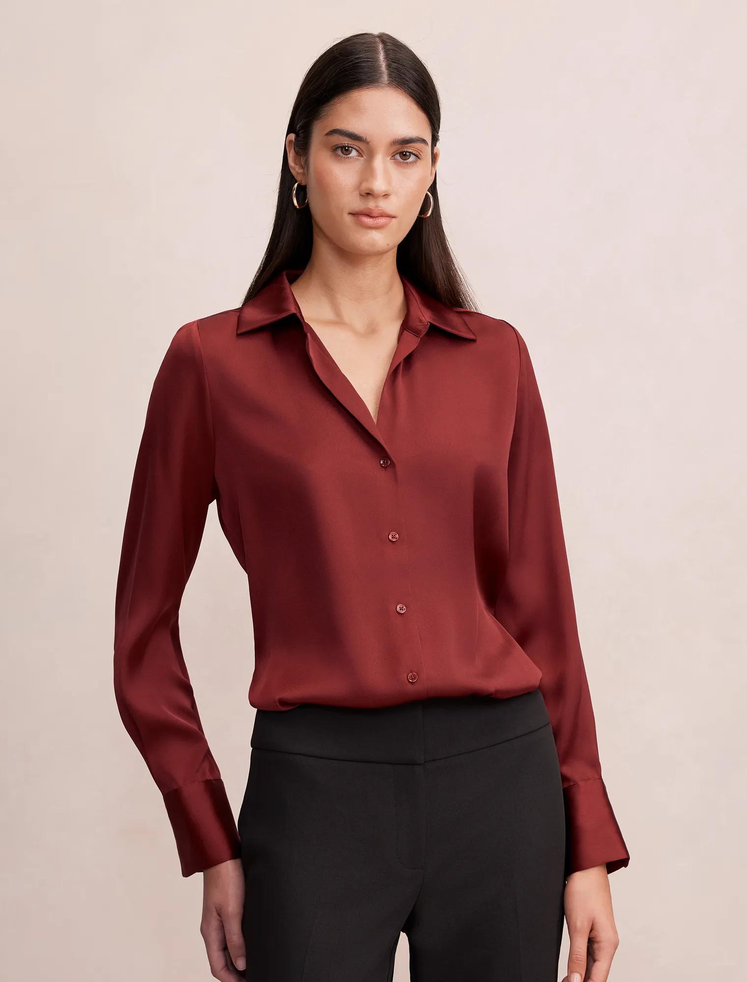 Forever New Women's Harvey Notched Neck Satin Shirt in Syrah Red, Size 14 Recycled Polyester