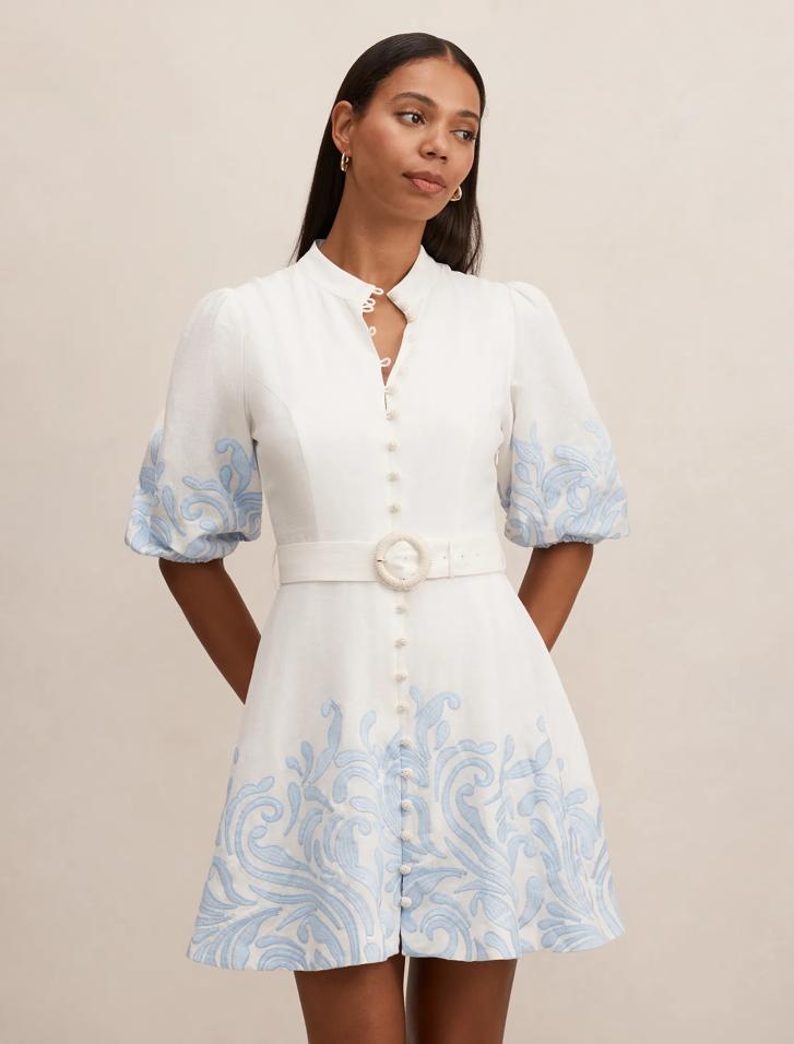 uo forever embroidered mini dress Forevermore Mesh Off Shoulder Mini Dress Blue main image 0