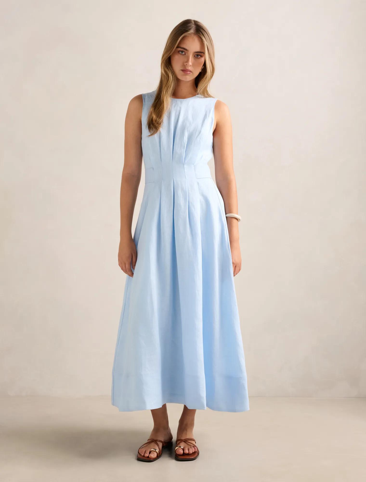 midi linen dress mini Purple - A-Line Pleated Waist with Short Sleeves 2861 Gauzy linen Linen mini dresses