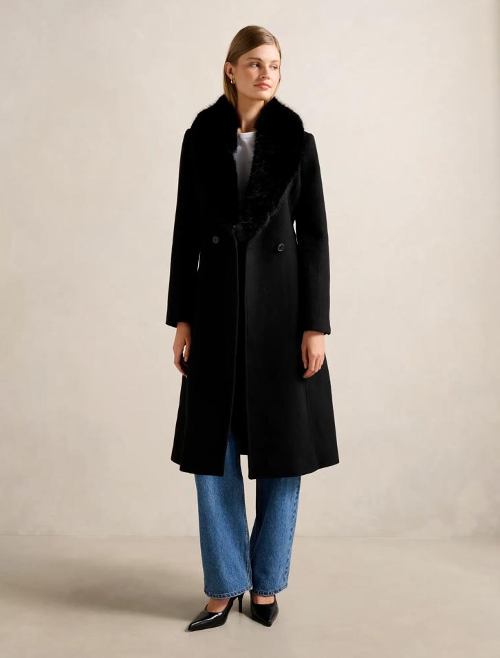 Monica Fur Collar Wrap Coat in Black - Size 0 to 12 - Womens Wrap