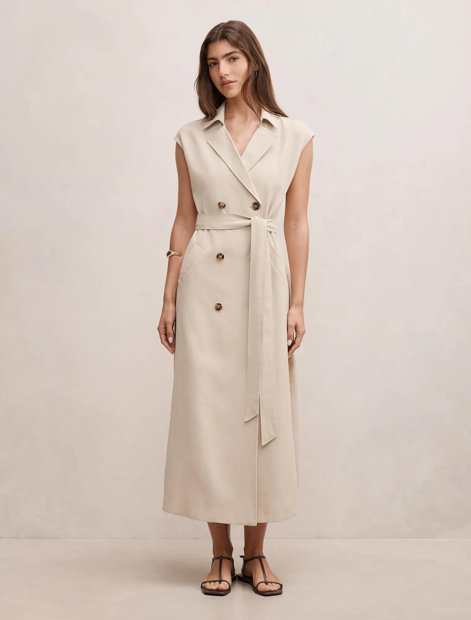 Forever New Women's Elsa Sleeveless Trench Midi Dress in Neutral Stone, Size 16 Viscose
