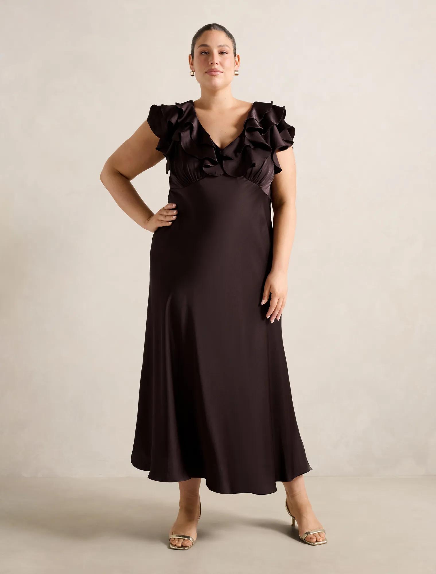 Zabrina Curve Ruffle Satin Dress in Brown - Size 16 to 24 - Womens Plus  Size Dresses