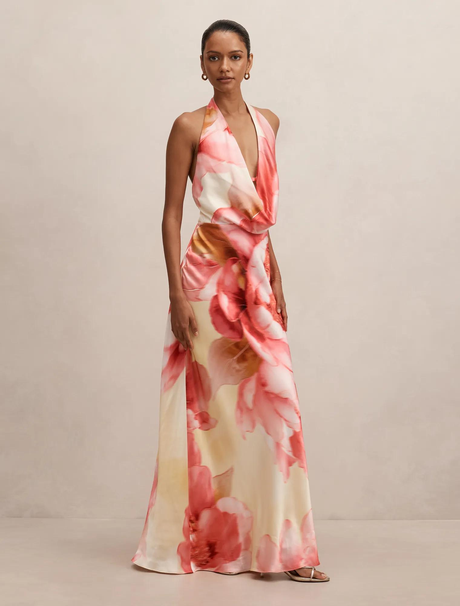 Becca Petite Cowl Halter Satin Gown
