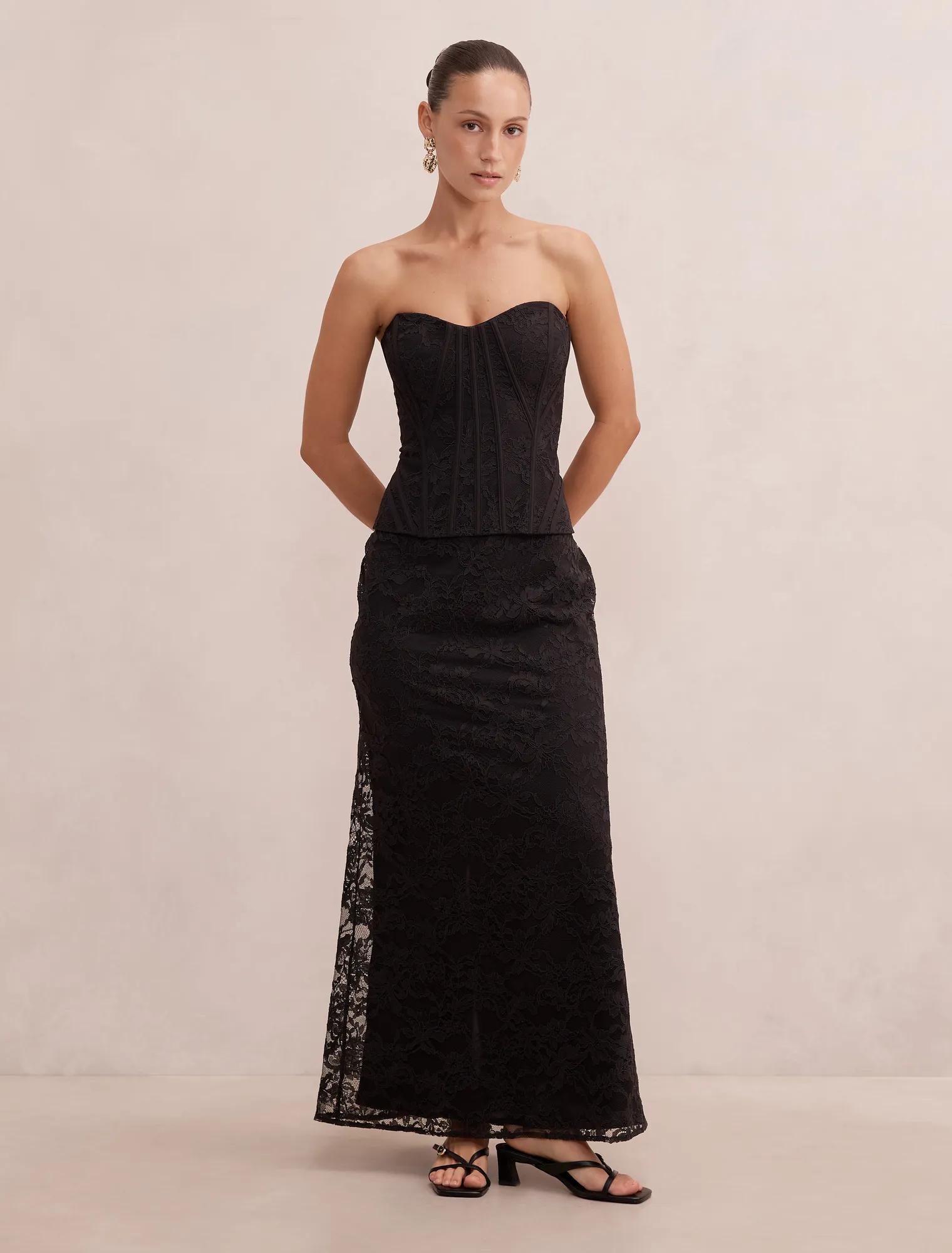 Forever New Women's Myla Petite Corset Lace Maxi Dress in Black, Size 8 Polyamide/Polyester